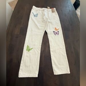Levi's 501 Original high rise straight leg cream Jeans with Colorful Butterfly